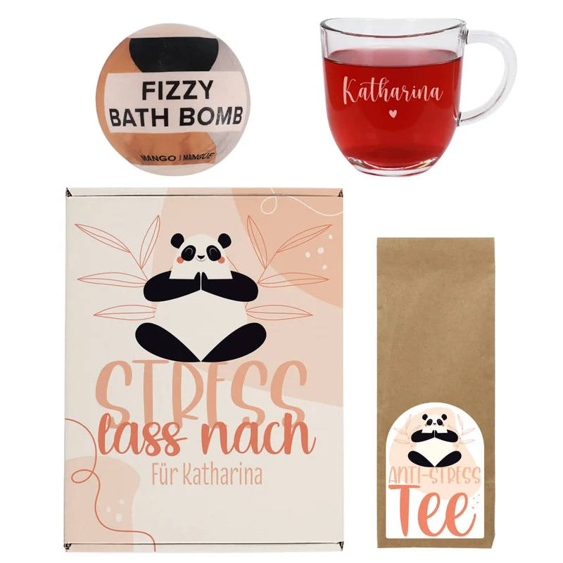 Stress lass nach Set mit Tee, Teeglas und Badebombe in persönlicher Box