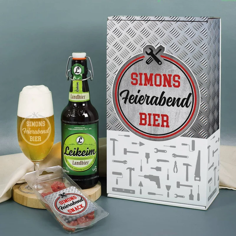 Bier-Geschenkset für Feierabendbier, Garagenbier und mehr, mit graviertem Glas & Snack