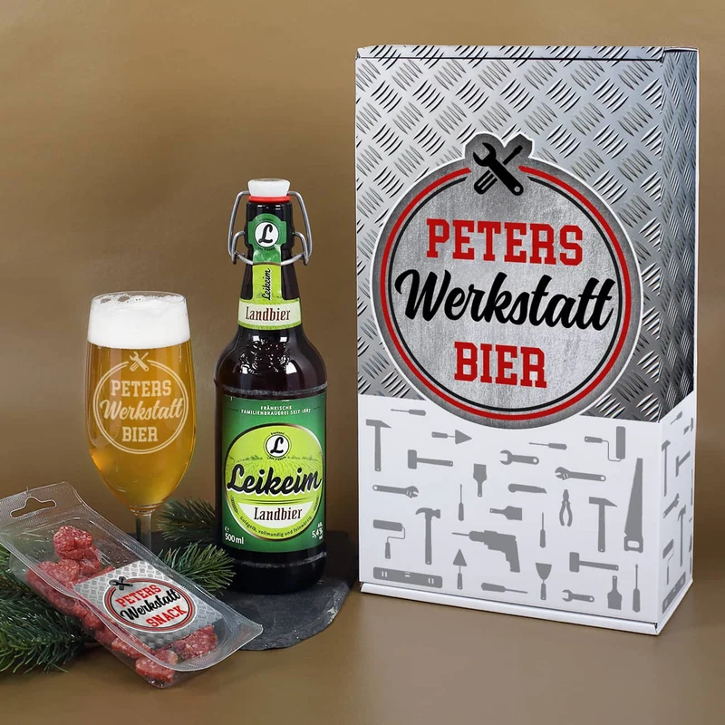 Bier-Geschenkset für Feierabendbier, Garagenbier und mehr, mit graviertem Glas & Snack
