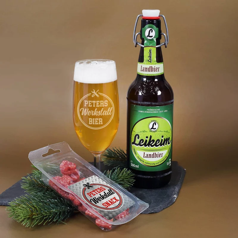 Bier-Geschenkset für Feierabendbier, Garagenbier und mehr, mit graviertem Glas & Snack