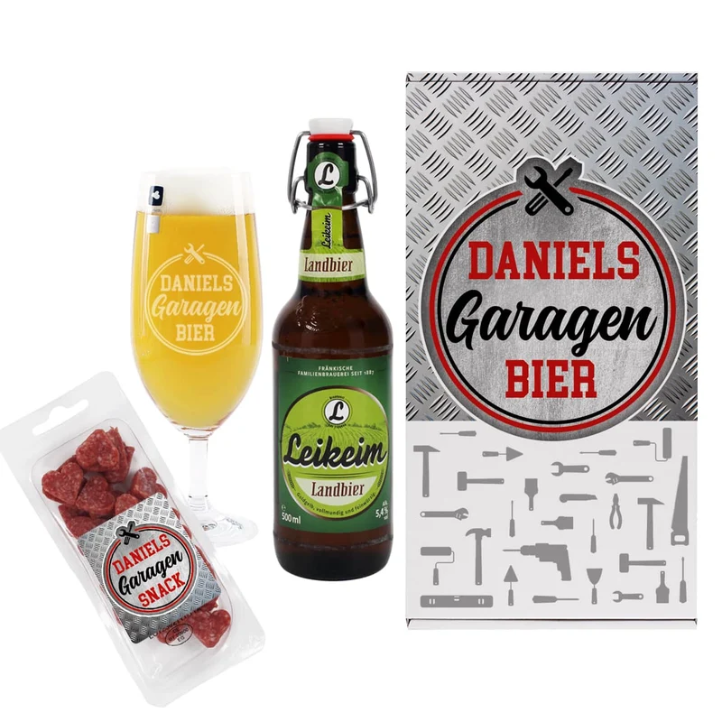 Bier-Geschenkset für Feierabendbier, Garagenbier und mehr, mit graviertem Glas & Snack