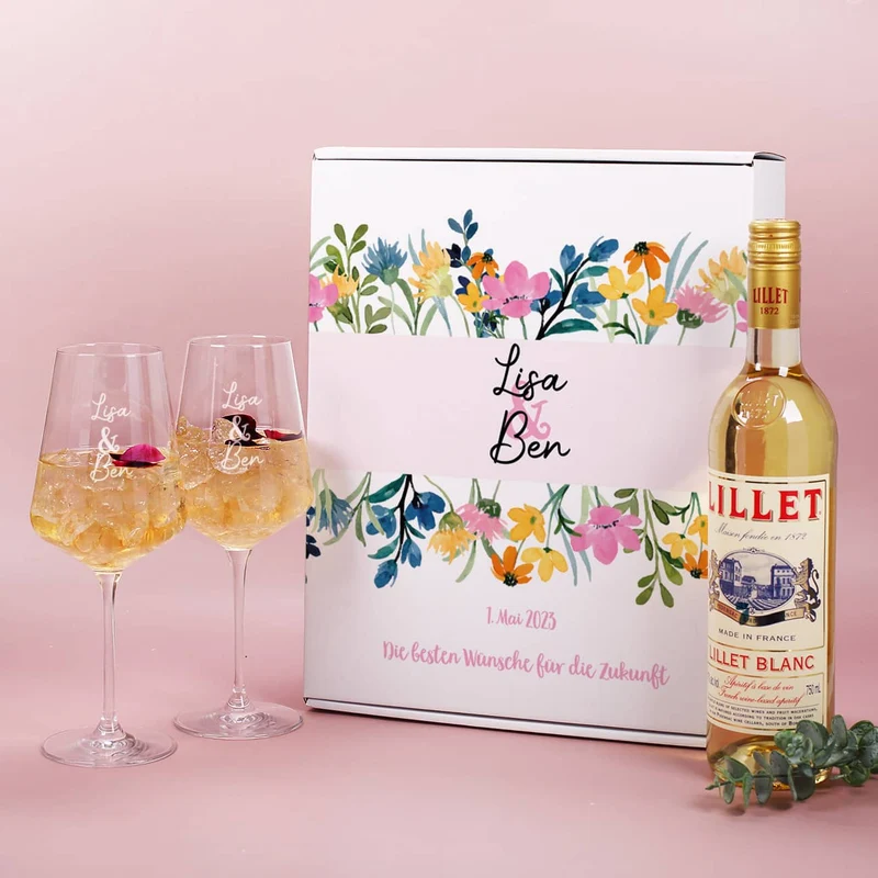 Lillet Geschenkset zur Hochzeit mit Wildblumen und Ihren Wunschangaben gestaltet