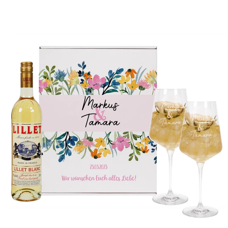 Lillet Geschenkset zur Hochzeit mit Wildblumen und Ihren Wunschangaben gestaltet