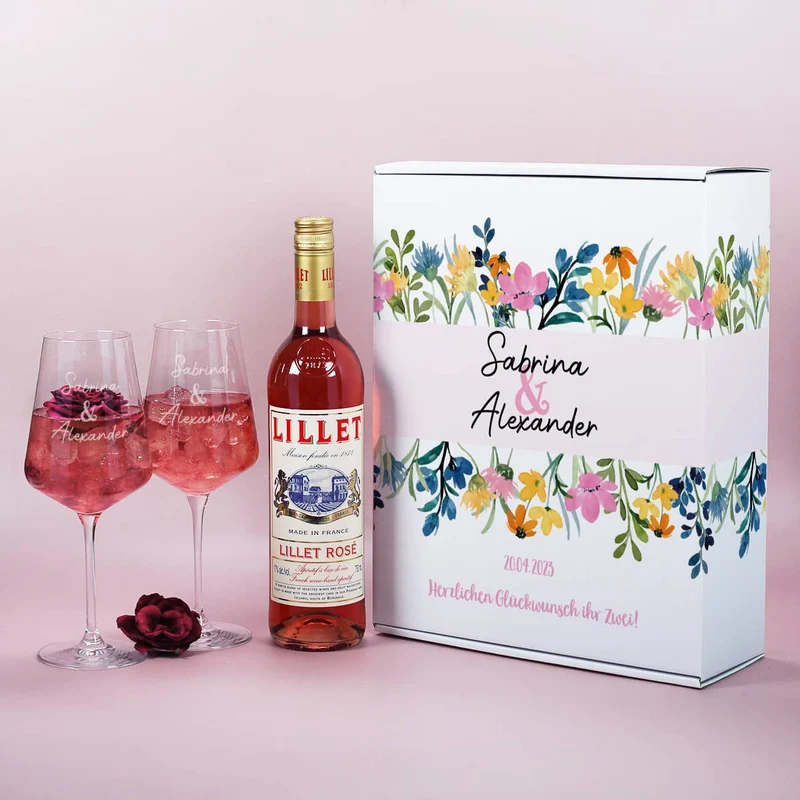 Lillet Geschenkset zur Hochzeit mit Wildblumen und Ihren Wunschangaben gestaltet