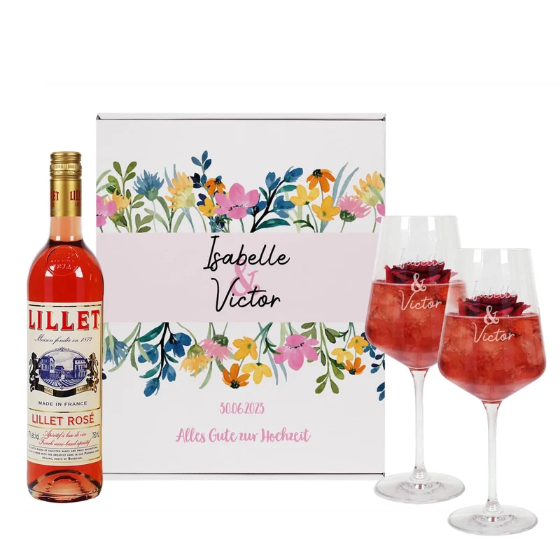 Lillet Geschenkset zur Hochzeit mit Wildblumen und Ihren Wunschangaben gestaltet