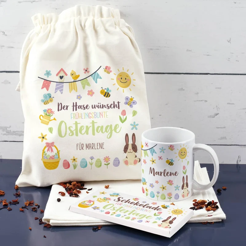 Oster Geschenkset - frühlingsbunte Ostertage - mit Tasse, Schokolade und Geschenkbeutel