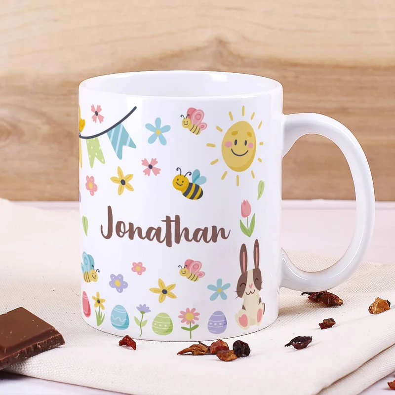 Oster Geschenkset - frühlingsbunte Ostertage - mit Tasse, Schokolade und Geschenkbeutel