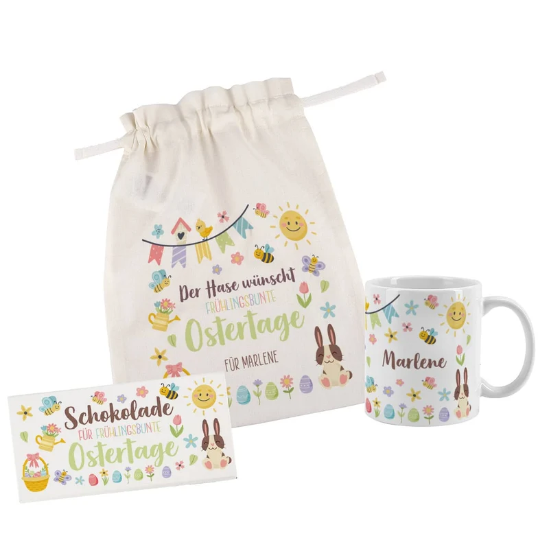 Oster Geschenkset - frühlingsbunte Ostertage - mit Tasse, Schokolade und Geschenkbeutel