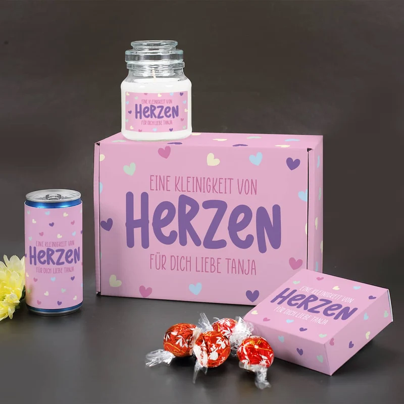 Eine Kleinigkeit von Herzen - Geschenkset mit Lindorkugeln, Duftkerze und Secco