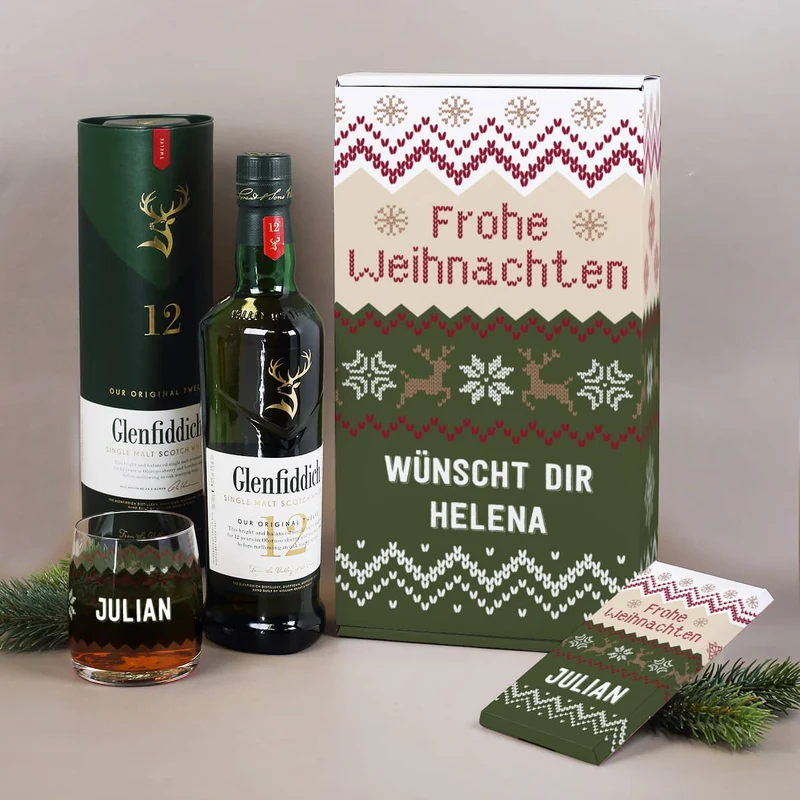 Whisky Geschenkset zu Weihnachten mit Name, Wunschtext und Weihnachtsstrickpullover Motiv