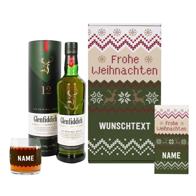 Whisky Geschenkset zu Weihnachten mit Name, Wunschtext und Weihnachtsstrickpullover Motiv