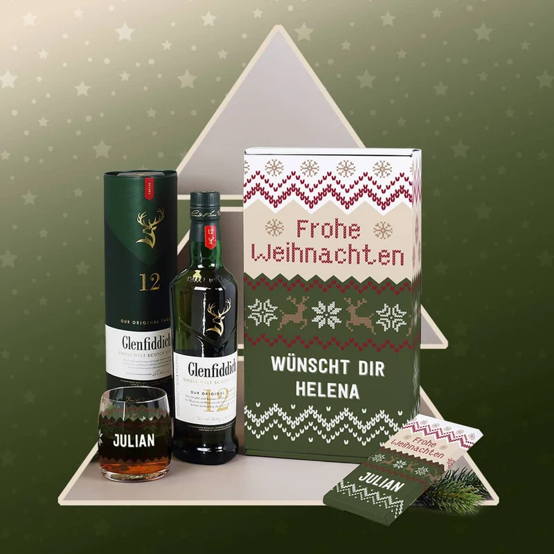Whisky Geschenkset zu Weihnachten mit Name, Wunschtext und Weihnachtsstrickpullover Motiv