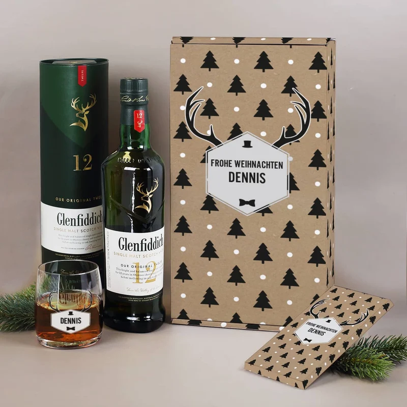 Whisky Geschenkset zu Weihnachten mit Hirschgeweih Motiv und Name
