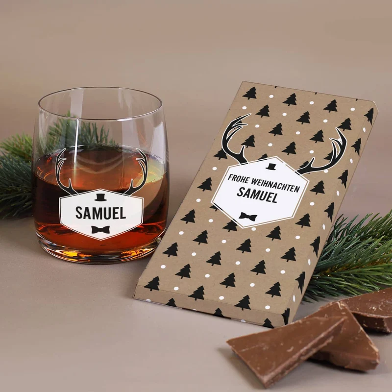 Whisky Geschenkset zu Weihnachten mit Hirschgeweih Motiv und Name