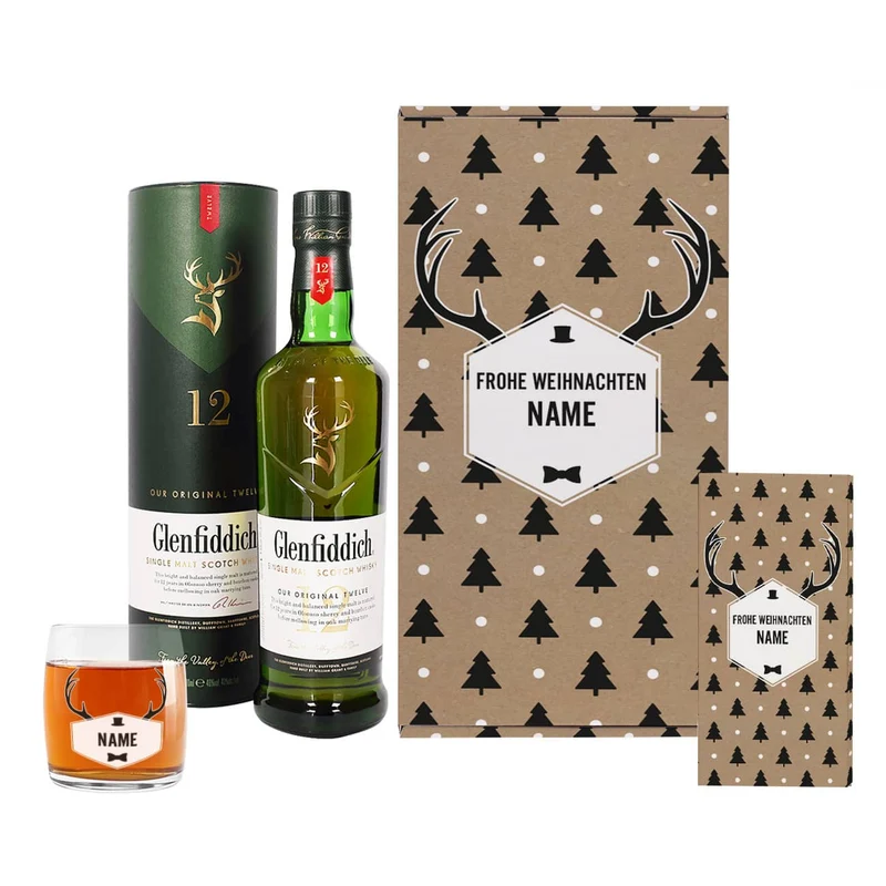 Whisky Geschenkset zu Weihnachten mit Hirschgeweih Motiv und Name