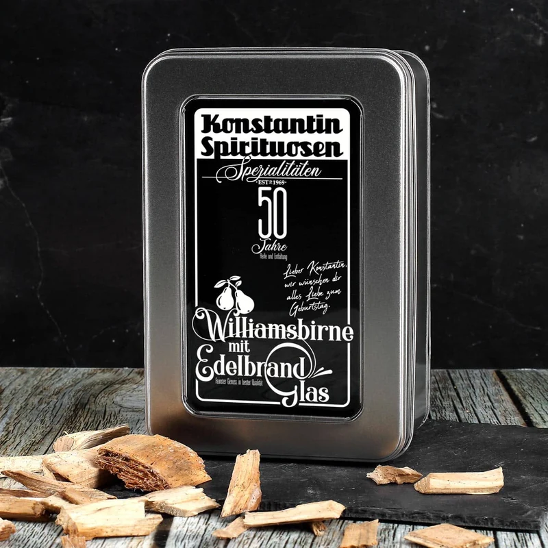 Williamsbirne Schnaps mit graviertem Edelbrandglas in bedruckter Metallbox