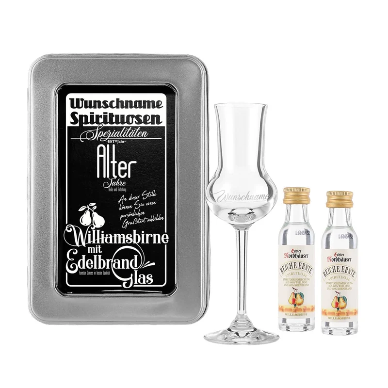 Williamsbirne Schnaps mit graviertem Edelbrandglas in bedruckter Metallbox