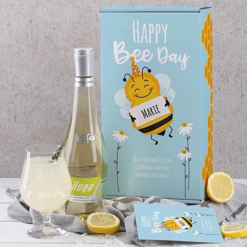 Happy Bee Day - Geschenkset zum Geburtstag mit süßem Bienen Motiv und Wunschname