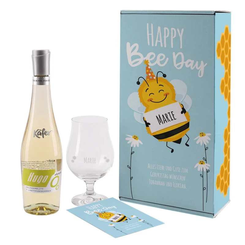 Happy Bee Day - Geschenkset zum Geburtstag mit süßem Bienen Motiv und Wunschname