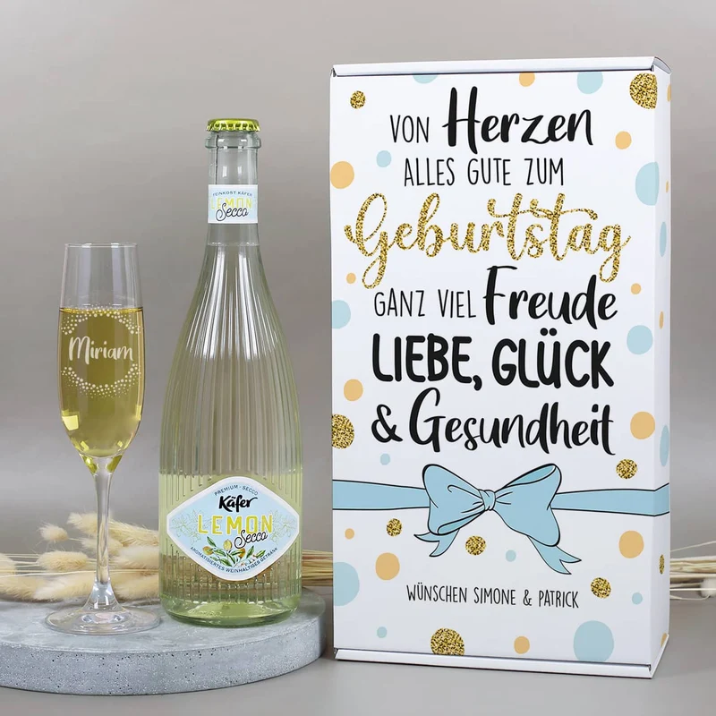 Von Herzen alles Gute - Geschenkset zum Geburtstag mit Sektglas und Secco