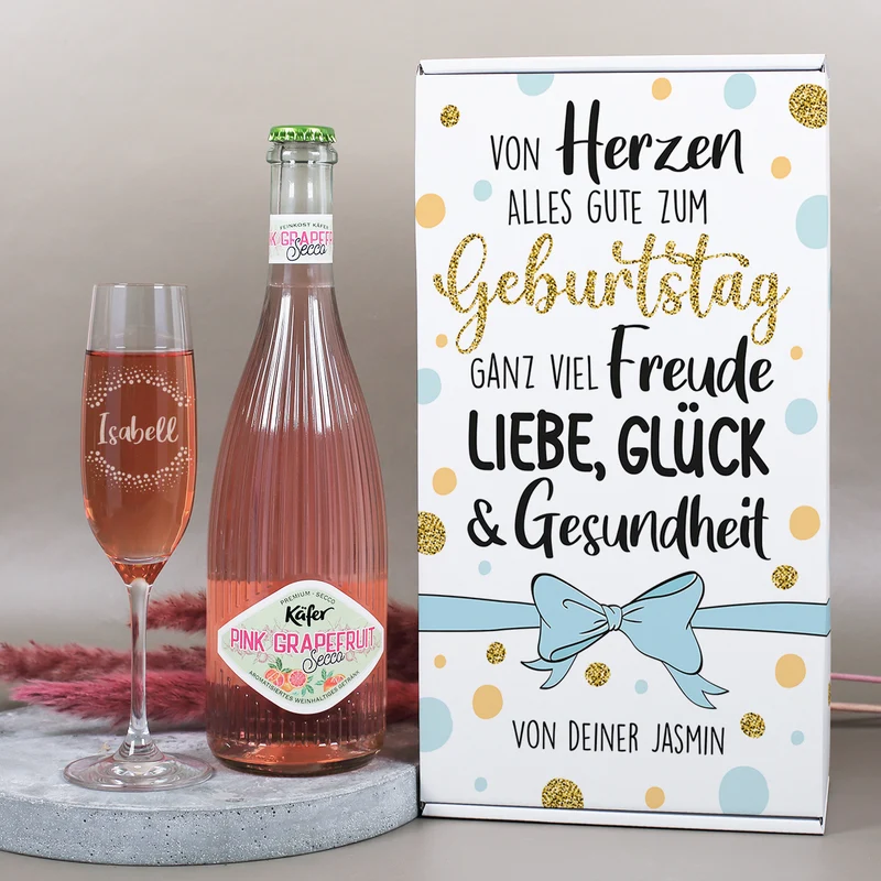 Von Herzen alles Gute - Geschenkset zum Geburtstag mit Sektglas und Secco