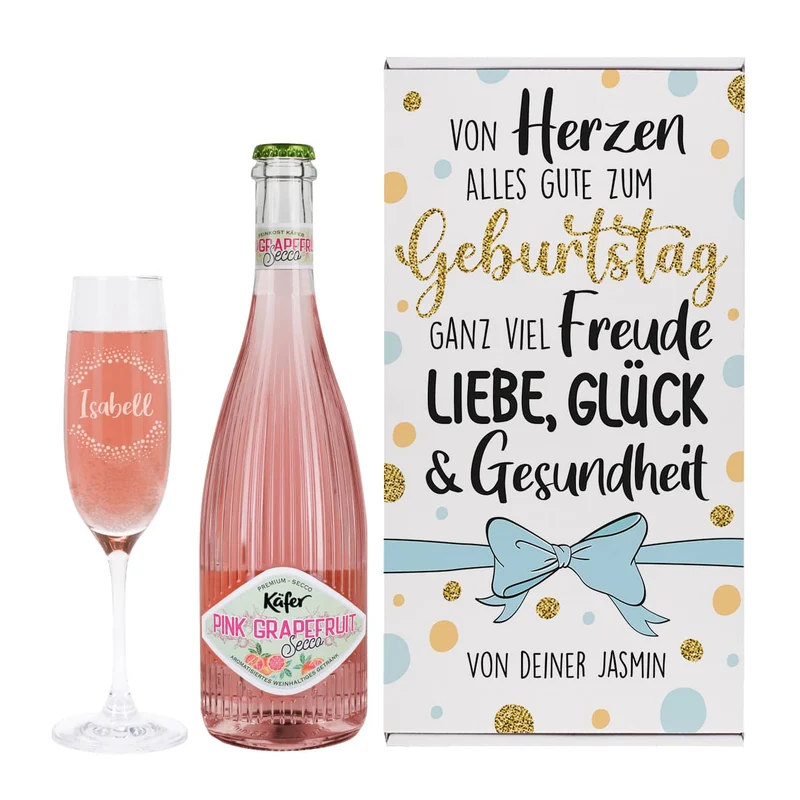 Von Herzen alles Gute - Geschenkset zum Geburtstag mit Sektglas und Secco