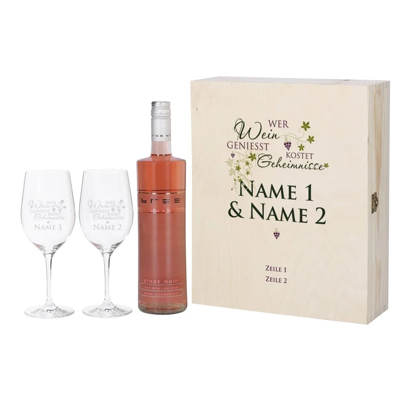 Geschenkset - Wer Wein genießt... 2 gravierte Gläser und Weinflasche in bedruckter Holzbox