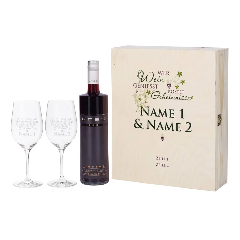 Geschenkset - Wer Wein genießt... 2 gravierte Gläser und Weinflasche in bedruckter Holzbox
