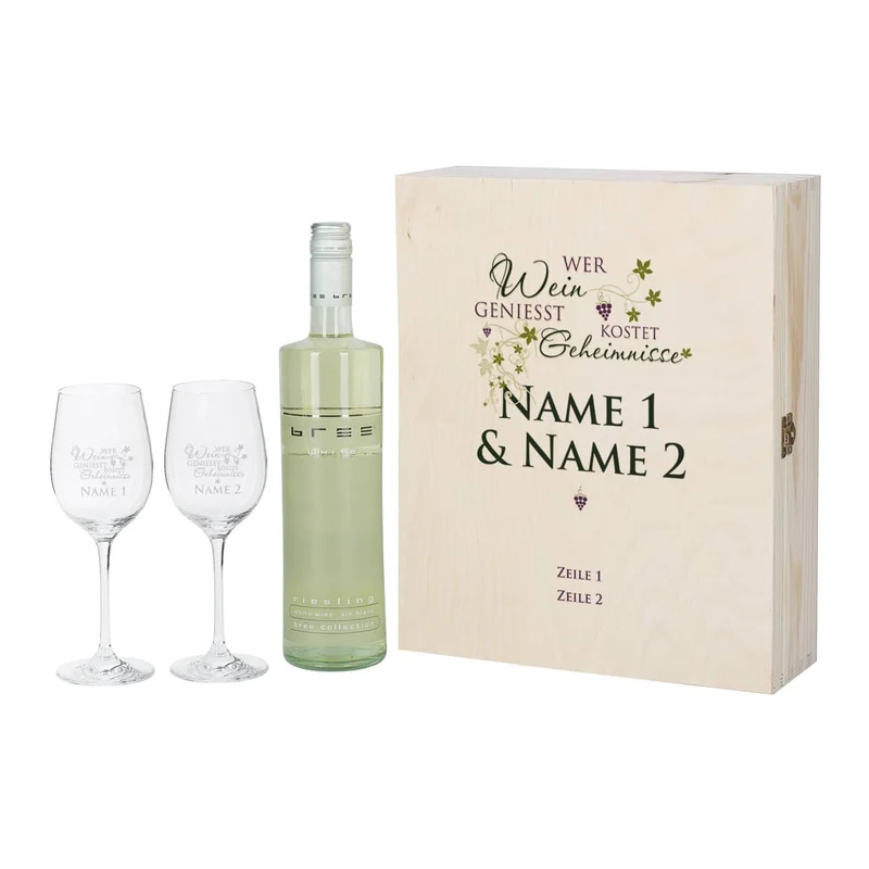 Geschenkset - Wer Wein genießt... 2 gravierte Gläser und Weinflasche in bedruckter Holzbox