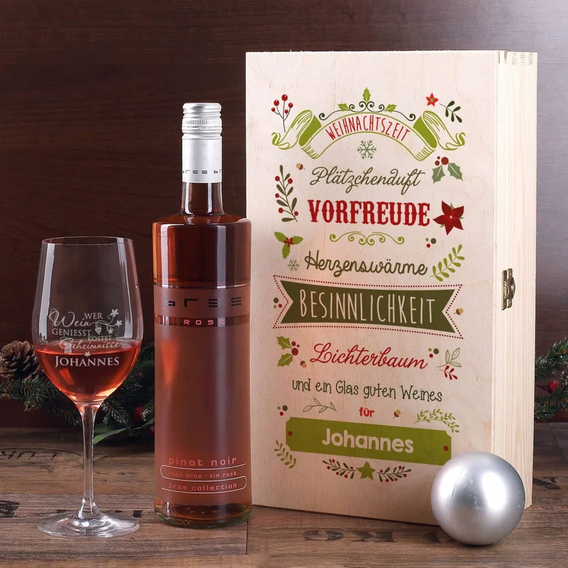 Wein - Geschenkset zu Weihnachten mit graviertem Weinglas und Flasche in bedruckter Holzbox