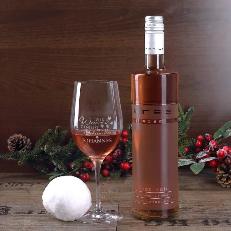 Wein - Geschenkset zu Weihnachten mit graviertem Weinglas und Flasche in bedruckter Holzbox