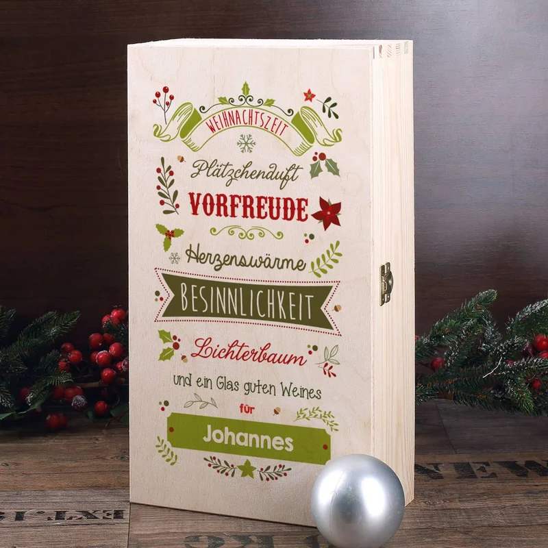 Wein - Geschenkset zu Weihnachten mit graviertem Weinglas und Flasche in bedruckter Holzbox