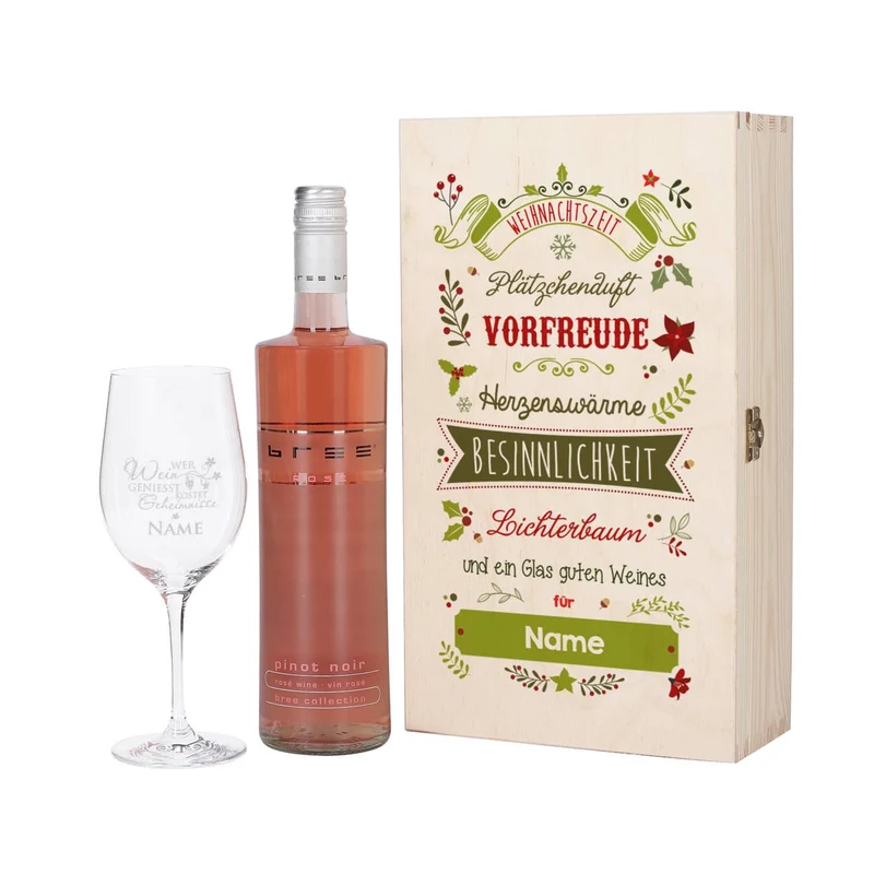 Wein - Geschenkset zu Weihnachten mit graviertem Weinglas und Flasche in bedruckter Holzbox