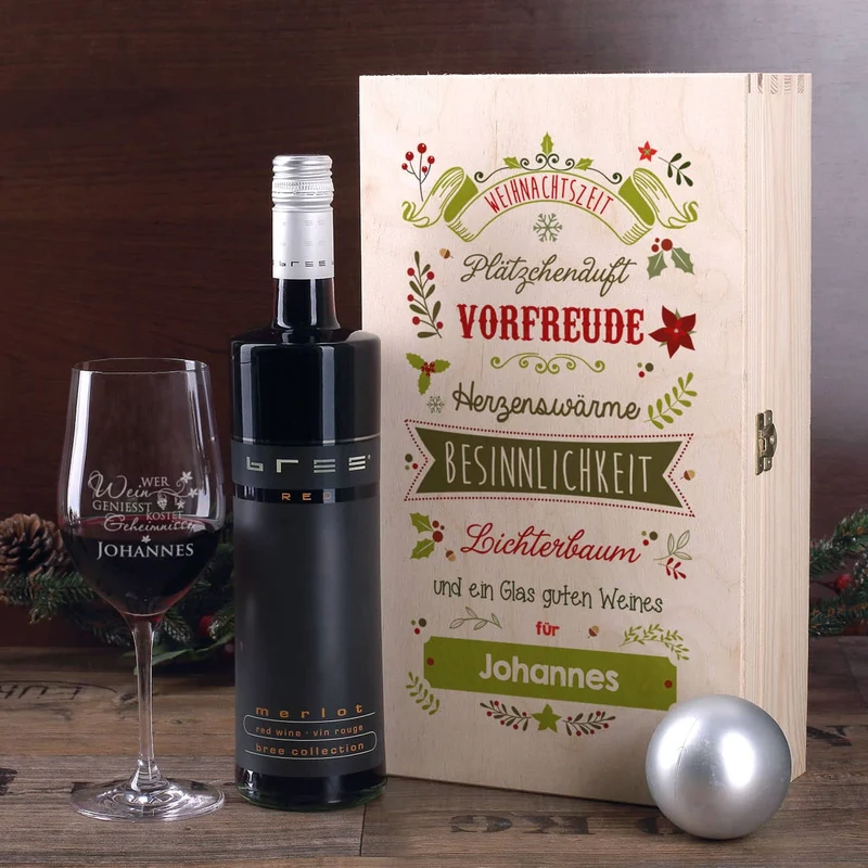 Wein - Geschenkset zu Weihnachten mit graviertem Weinglas und Flasche in bedruckter Holzbox
