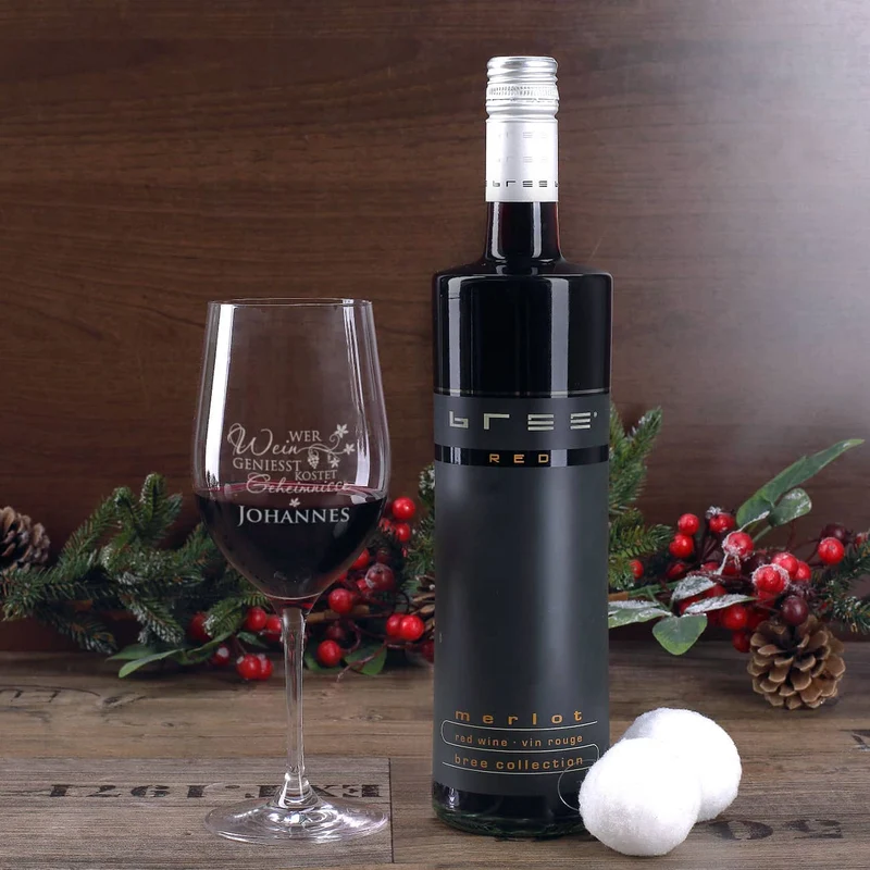 Wein - Geschenkset zu Weihnachten mit graviertem Weinglas und Flasche in bedruckter Holzbox