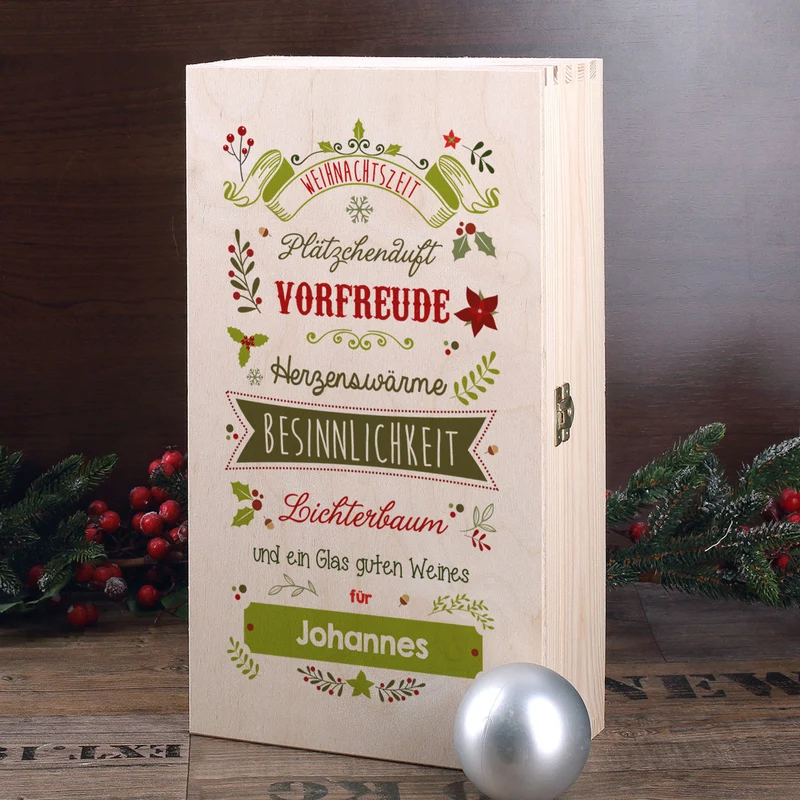 Wein - Geschenkset zu Weihnachten mit graviertem Weinglas und Flasche in bedruckter Holzbox