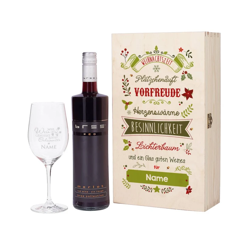 Wein - Geschenkset zu Weihnachten mit graviertem Weinglas und Flasche in bedruckter Holzbox