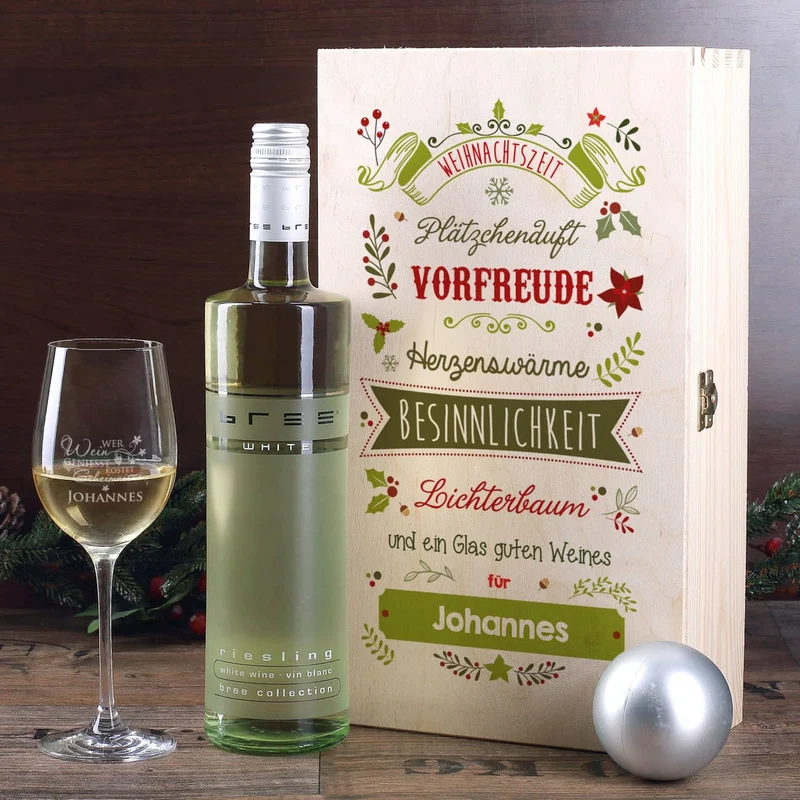 Wein - Geschenkset zu Weihnachten mit graviertem Weinglas und Flasche in bedruckter Holzbox