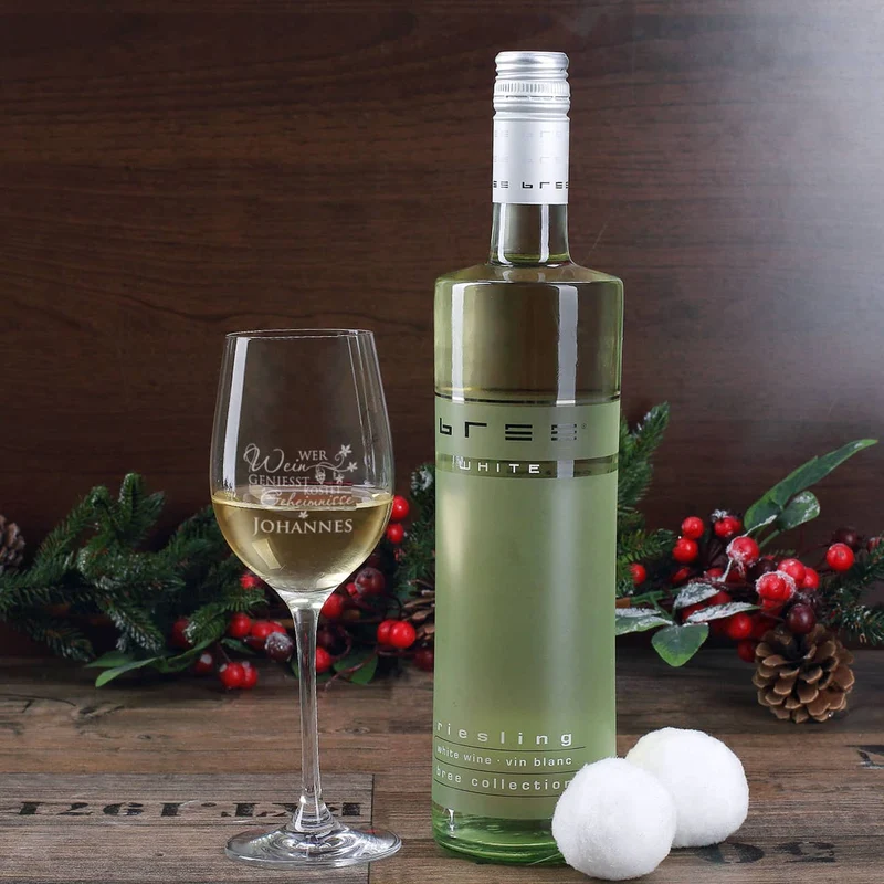 Wein - Geschenkset zu Weihnachten mit graviertem Weinglas und Flasche in bedruckter Holzbox