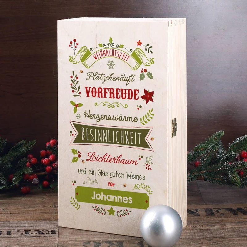Wein - Geschenkset zu Weihnachten mit graviertem Weinglas und Flasche in bedruckter Holzbox