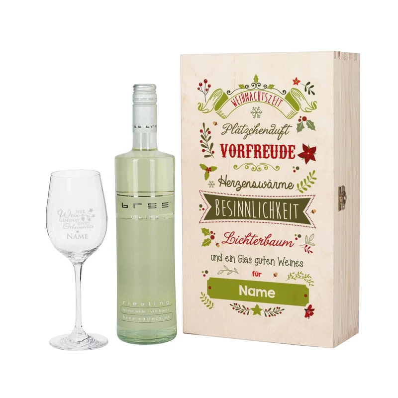 Wein - Geschenkset zu Weihnachten mit graviertem Weinglas und Flasche in bedruckter Holzbox