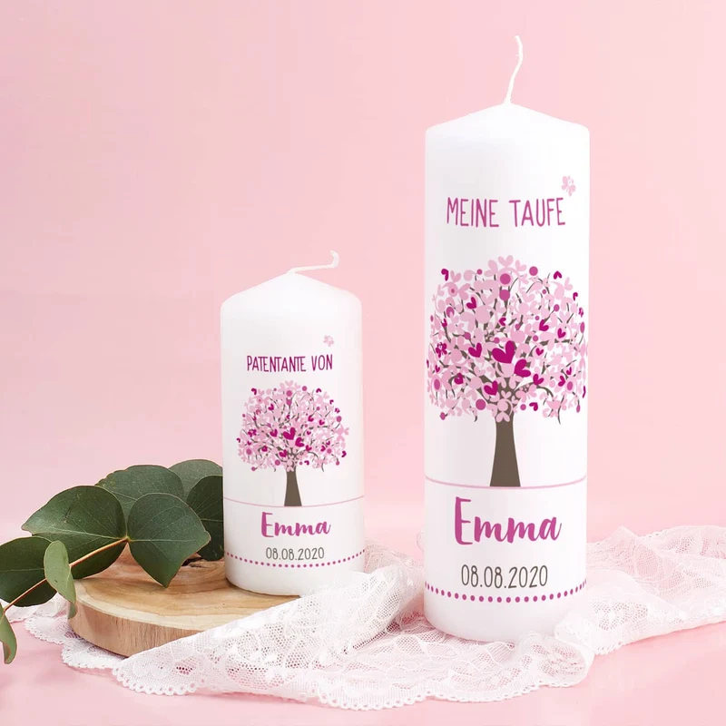 Taufkerze Lebensbaum mit passender Patenkerze in Rosa