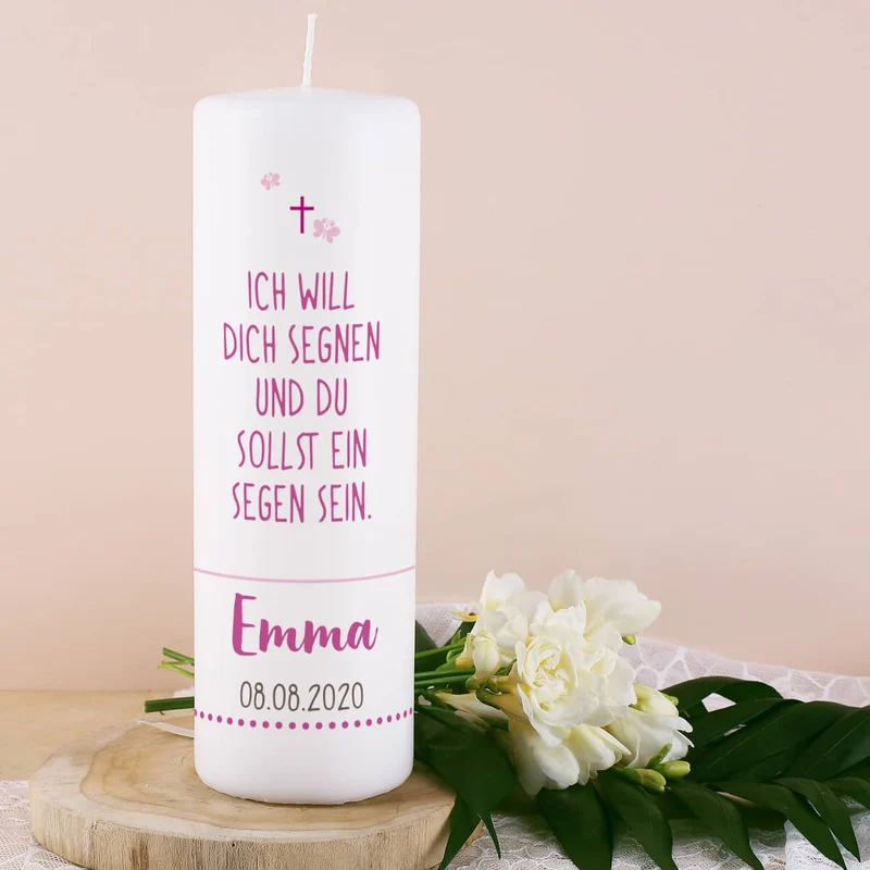 Taufkerze Lebensbaum mit passender Patenkerze in Rosa