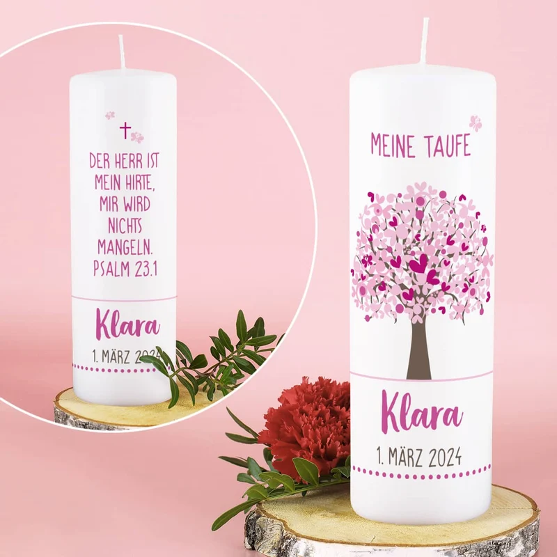 Taufkerze Lebensbaum mit passender Patenkerze in Rosa