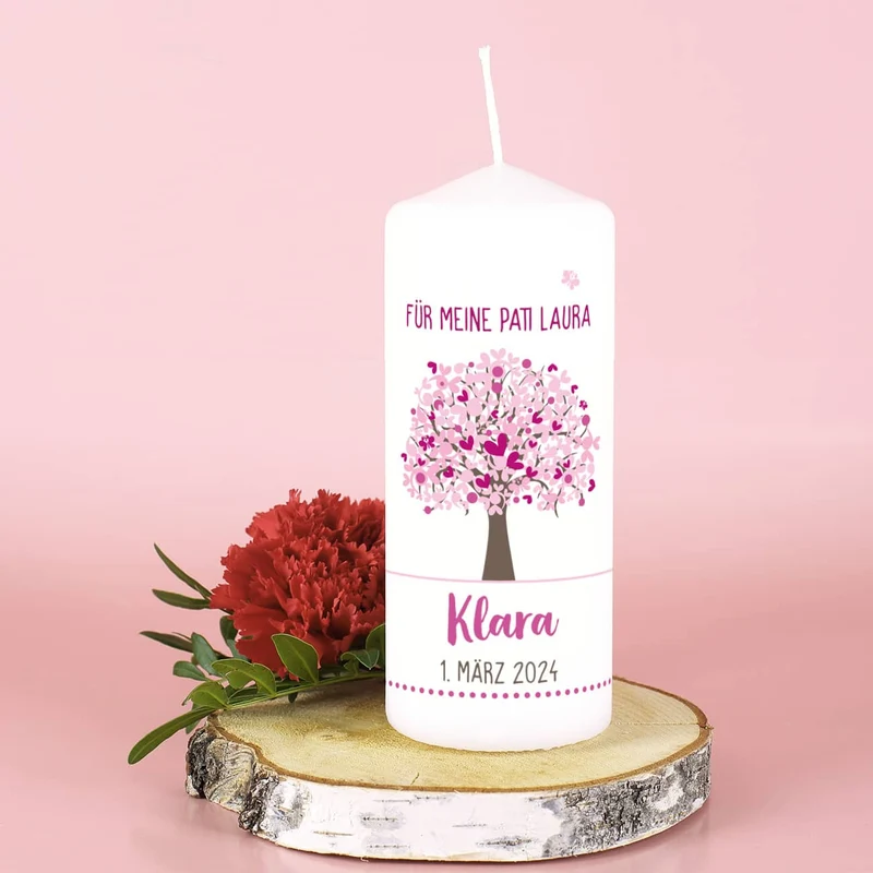 Taufkerze Lebensbaum mit passender Patenkerze in Rosa