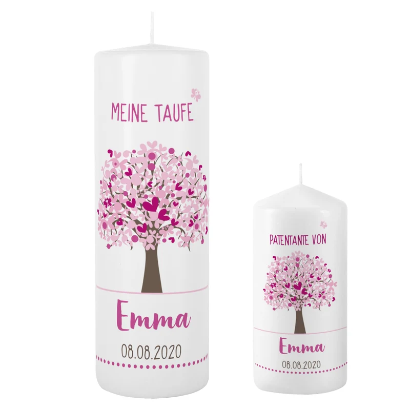 Taufkerze Lebensbaum mit passender Patenkerze in Rosa
