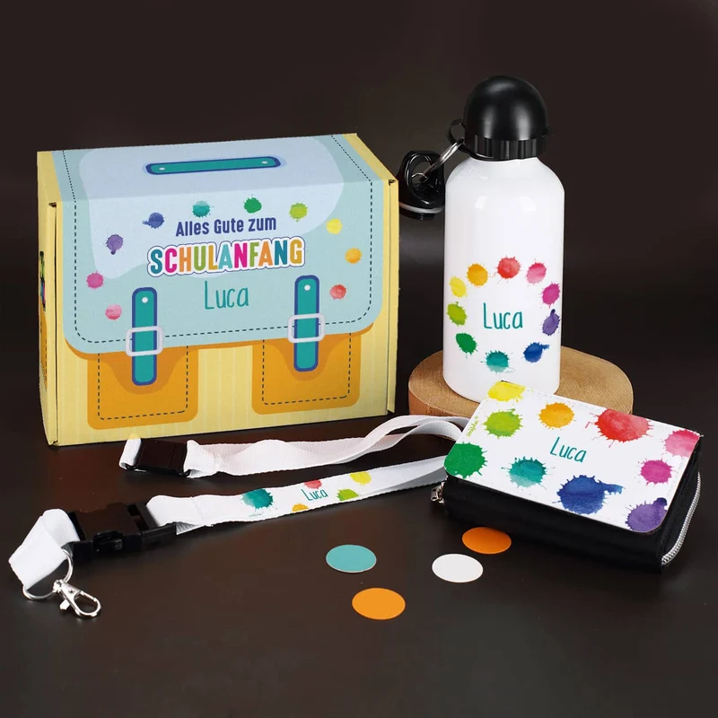 Buntes Geschenkset zur Einschulung mit Trinkflasche, Geldbörse & Schlüsselband