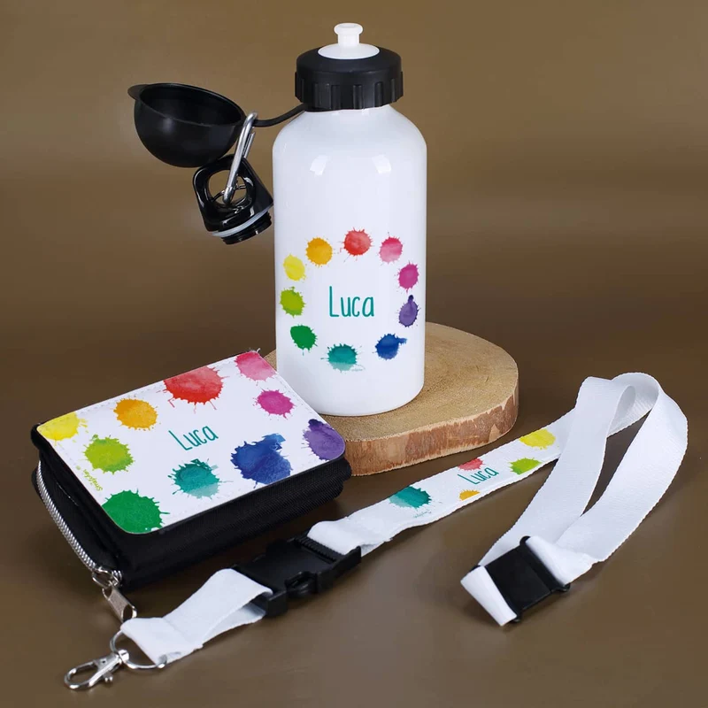 Buntes Geschenkset zur Einschulung mit Trinkflasche, Geldbörse & Schlüsselband
