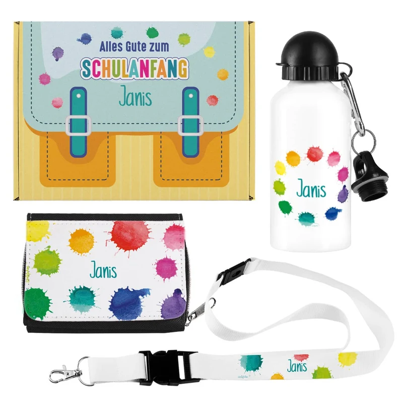 Buntes Geschenkset zur Einschulung mit Trinkflasche, Geldbörse & Schlüsselband