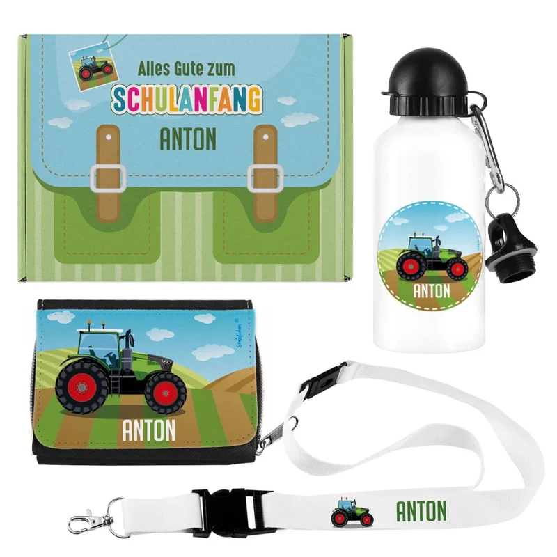 Geschenkset zur Einschulung mit Traktor und Name bedruckt